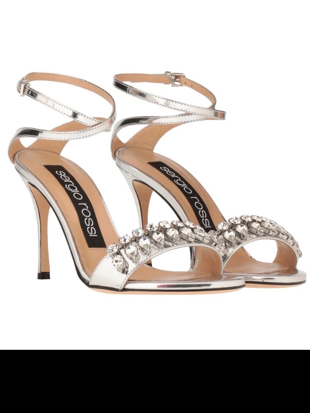 Sergio Rossi Metallic Silver Crystal-Strap Stilettos